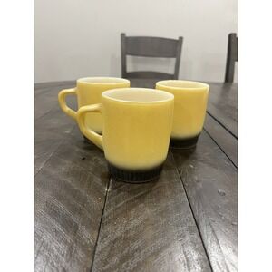 Vtg Anchor Hocking Fire King Yellow Brown Coffee Cup Mug‎ Ribbed Stackable (3)